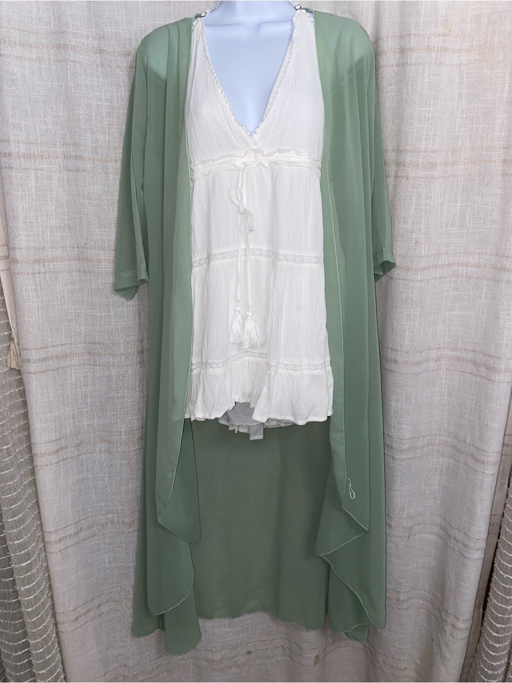 Sage Green Sheer Chiffon Maxi Kimono Duster Open Front Cardigan Coverup